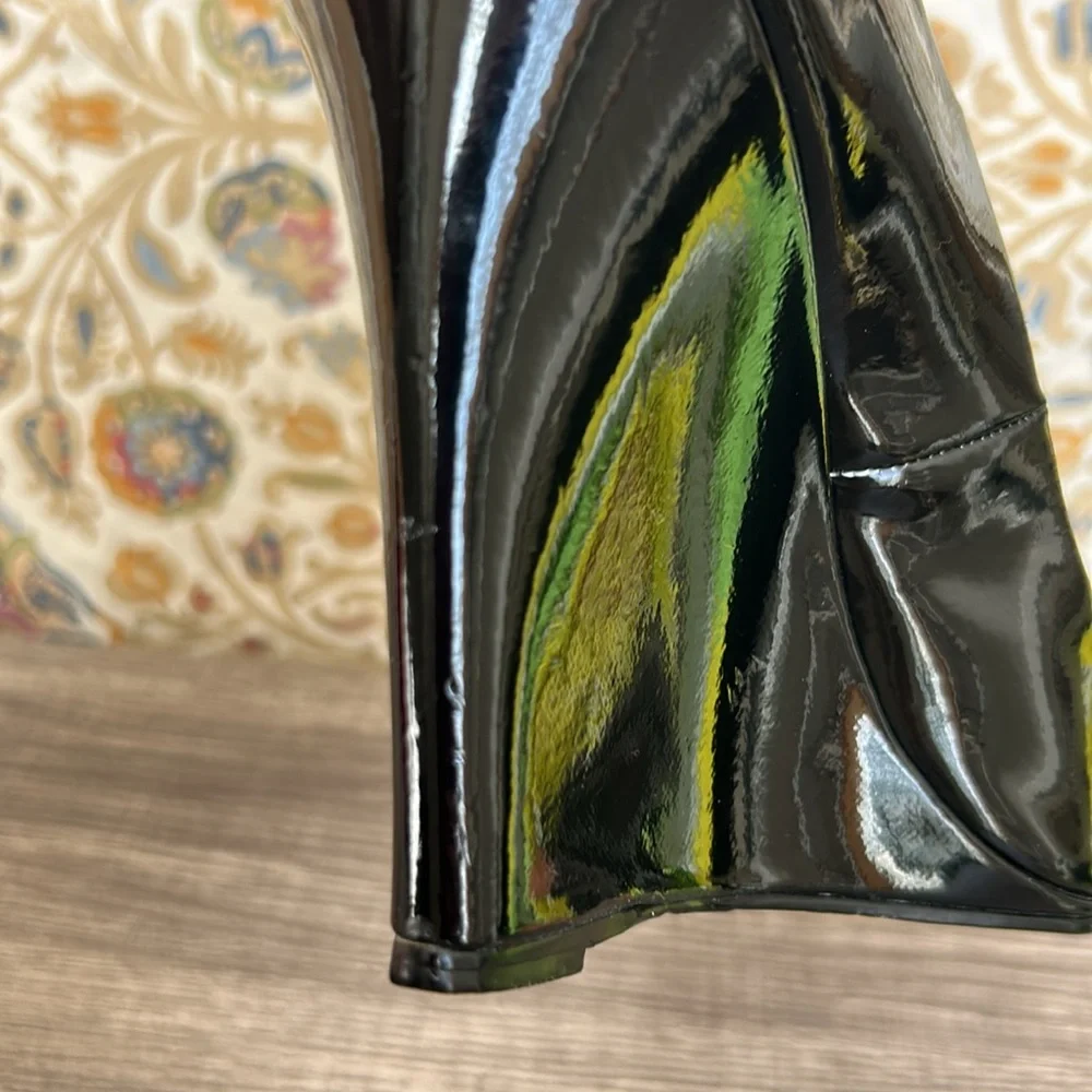 Boston Proper Black‎ Patent Leather Peep Toe Wedges Shoes Office Date Night 7M